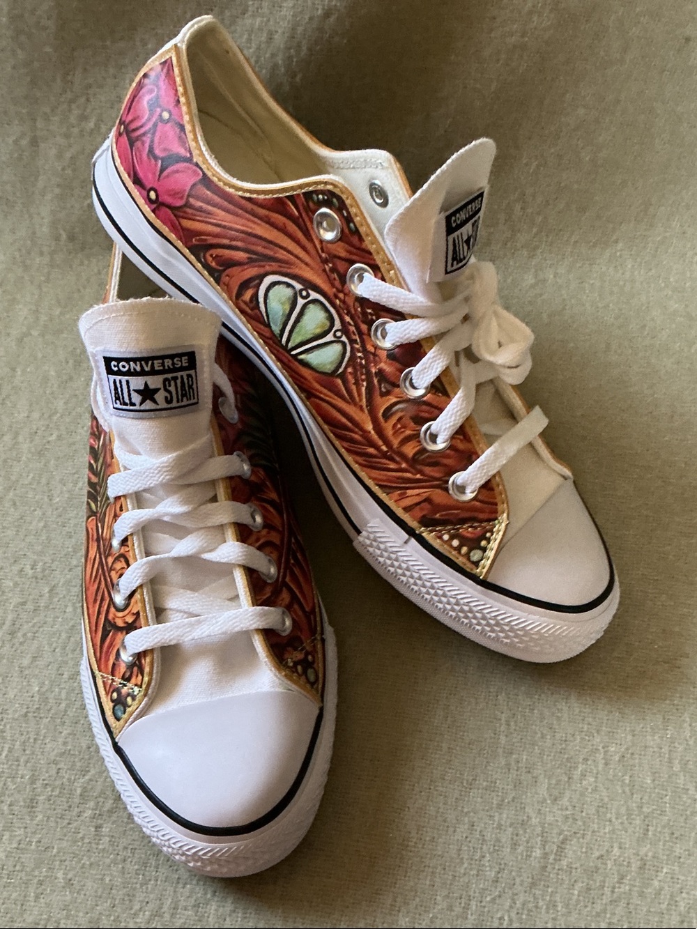 Converse Low Top Sneakers with Orange & Pink Floral Artwork